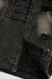Distressed Black Double-Zip Denim Jacket