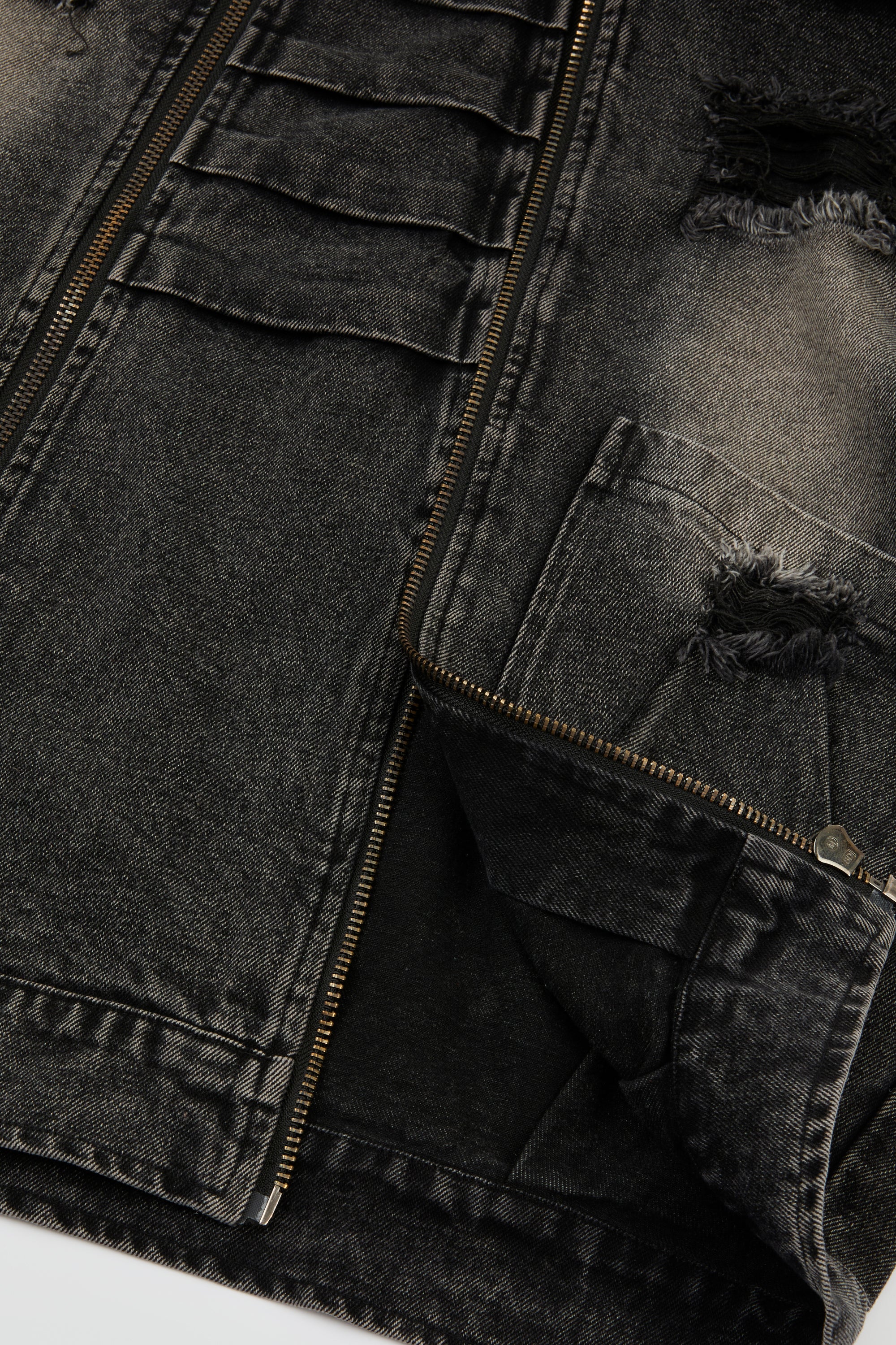 Distressed Black Double-Zip Denim Jacket