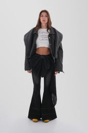 Black Draped Flare Denim Trousers