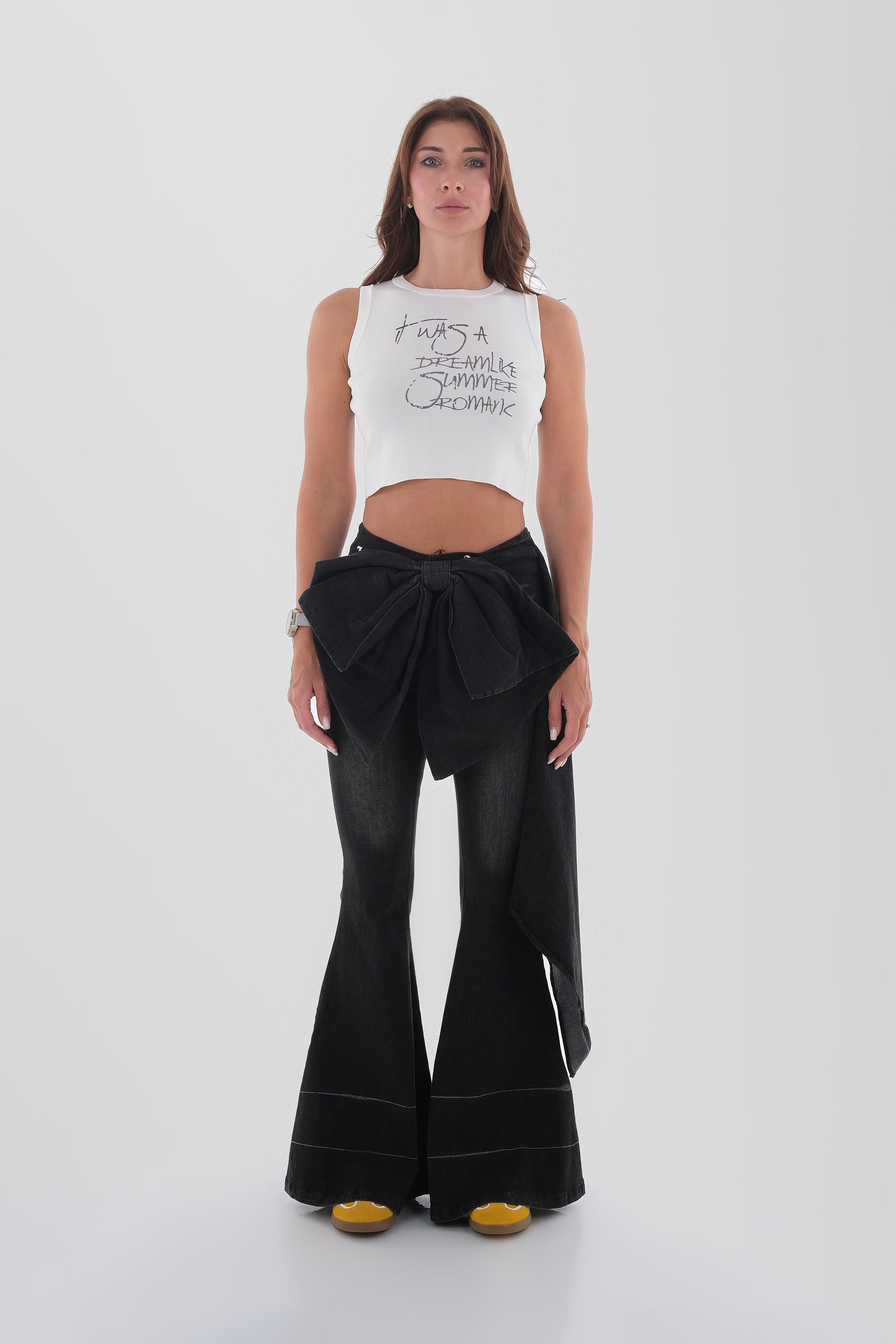 Black Draped Flare Denim Trousers