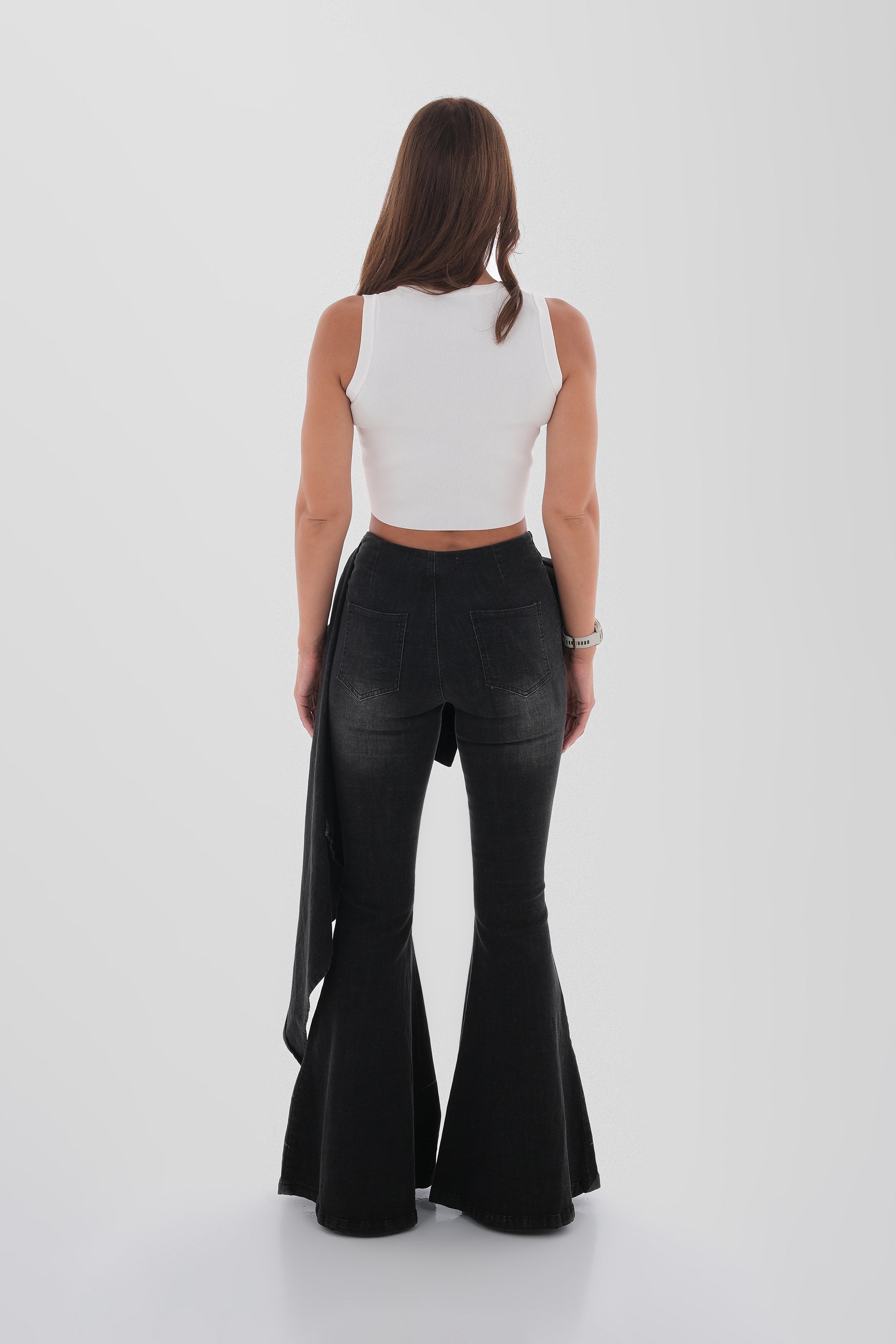Black Draped Flare Denim Trousers