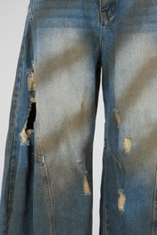 Deep Indigo Wide-Leg Distressed Denim Trousers
