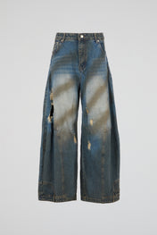 Deep Indigo Wide-Leg Distressed Denim Trousers