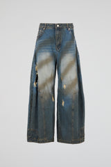 Deep Indigo Wide-Leg Distressed Denim Trousers