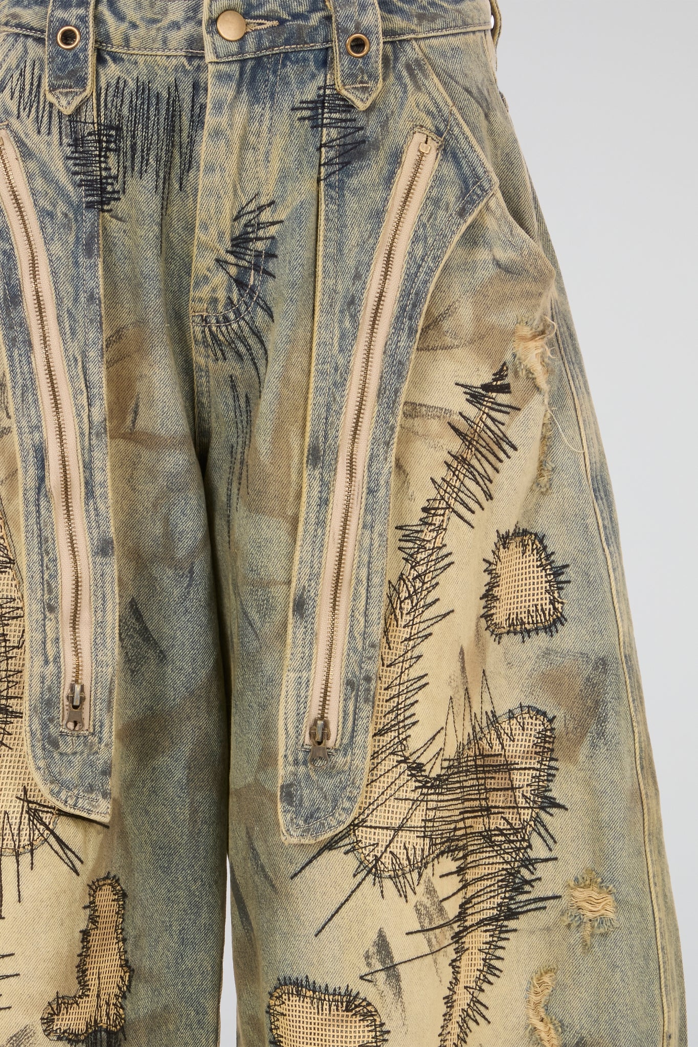 Burnished Sand Wide-Leg Embroidered Denim Trousers