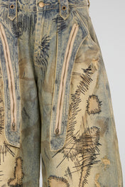Burnished Sand Wide-Leg Embroidered Denim Trousers