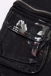 Distressed Multi-Pocket Cargo Denim