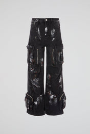 Distressed Multi-Pocket Cargo Denim