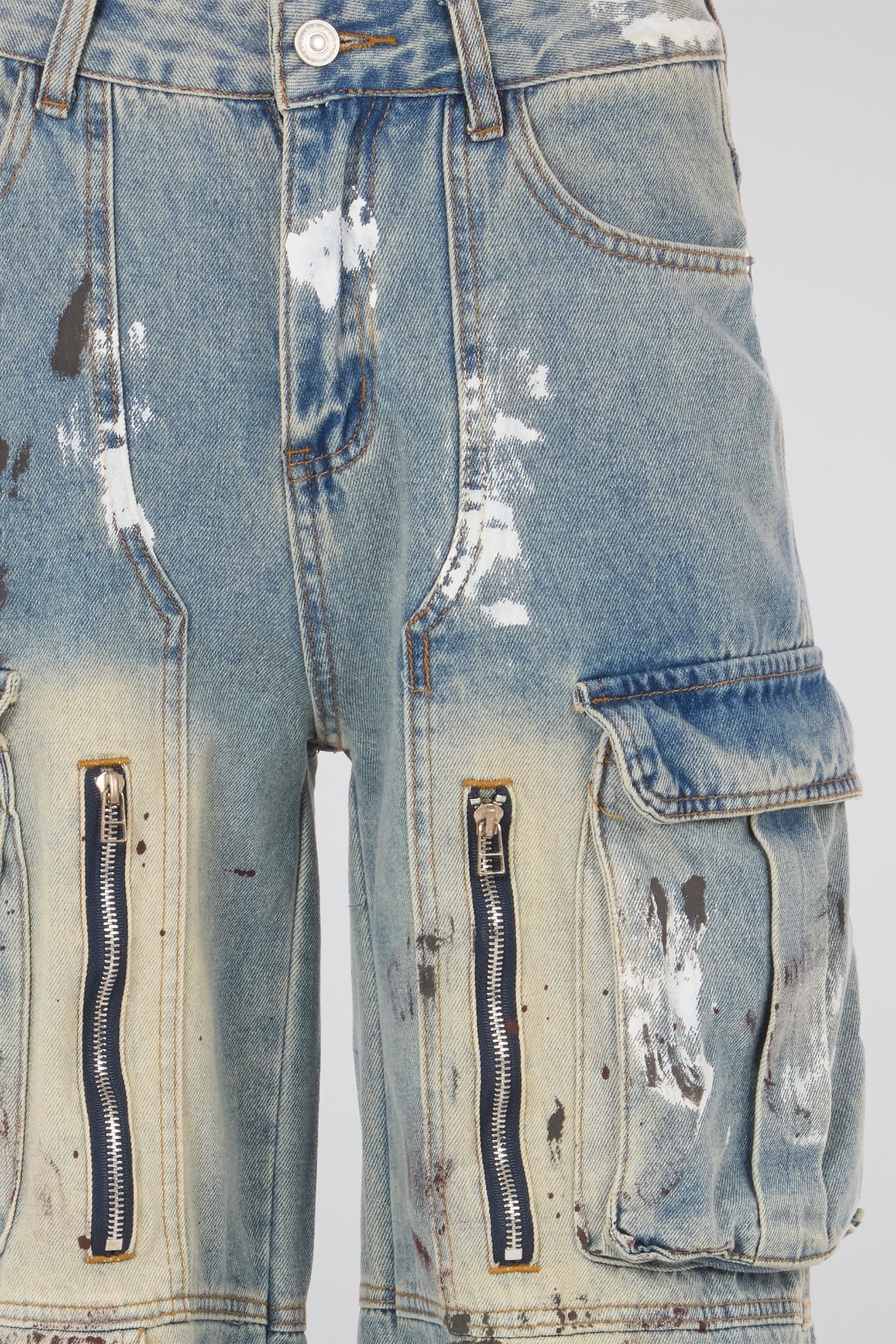 Distressed Multi-Pocket Cargo Denim