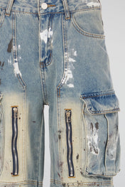 Distressed Multi-Pocket Cargo Denim