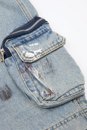 Distressed Multi-Pocket Cargo Denim