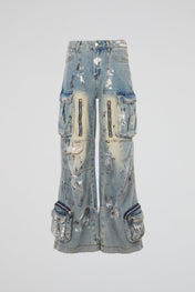 Distressed Multi-Pocket Cargo Denim