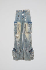 Distressed Multi-Pocket Cargo Denim