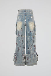 Distressed Multi-Pocket Cargo Denim