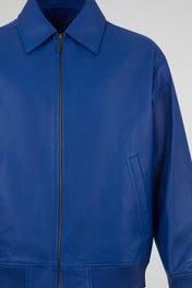 Structured Blue Leather Zip Jacket