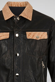Black Contrast Panel Leather Trucker Jacket