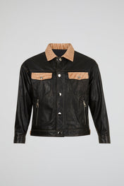 Black Contrast Panel Leather Trucker Jacket