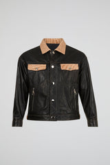 Black Contrast Panel Leather Trucker Jacket