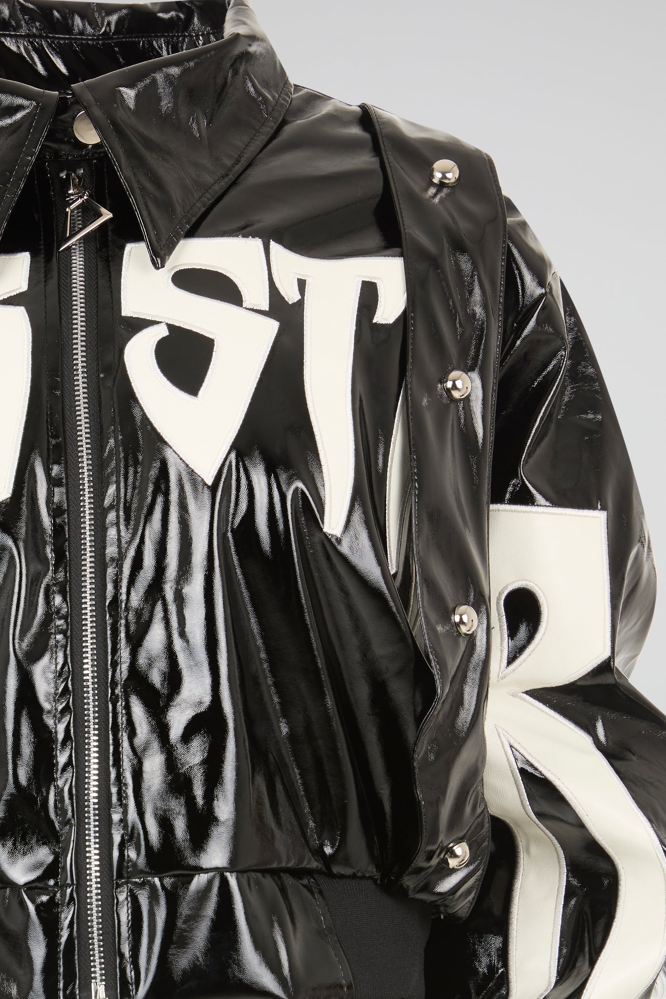 Polished Onyx Cropped Patent Bomber Jacket