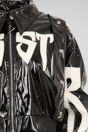 Polished Onyx Cropped Patent Bomber Jacket