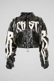 Polished Onyx Cropped Patent Bomber Jacket