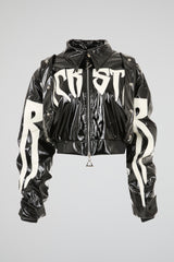 Polished Onyx Cropped Patent Bomber Jacket