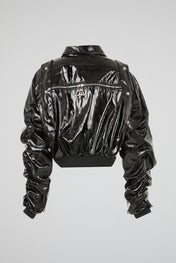 Polished Onyx Cropped Patent Bomber Jacket