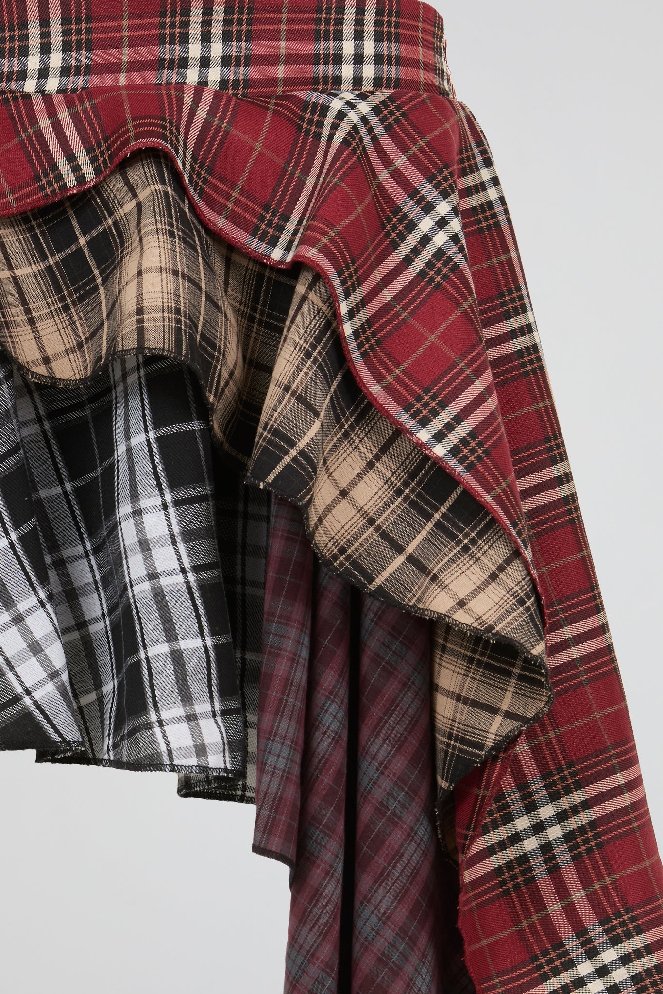 Crimson Red Multi-Layered Asymmetrical Plaid Skirt