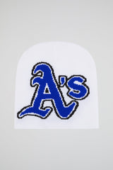 A's White & Blue Knitted Beanie