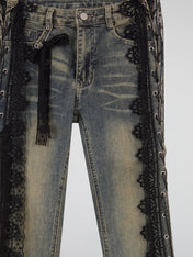 Lace-Trim Flared Denim