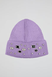 Ribbed Knit Pearls Purple Beanie