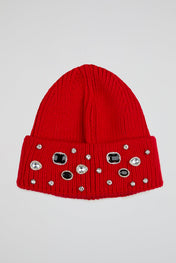 Ribbed Knit Pearls Red Beanie
