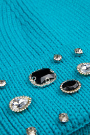 Ribbed Knit Pearls Turquoise blue Beanie