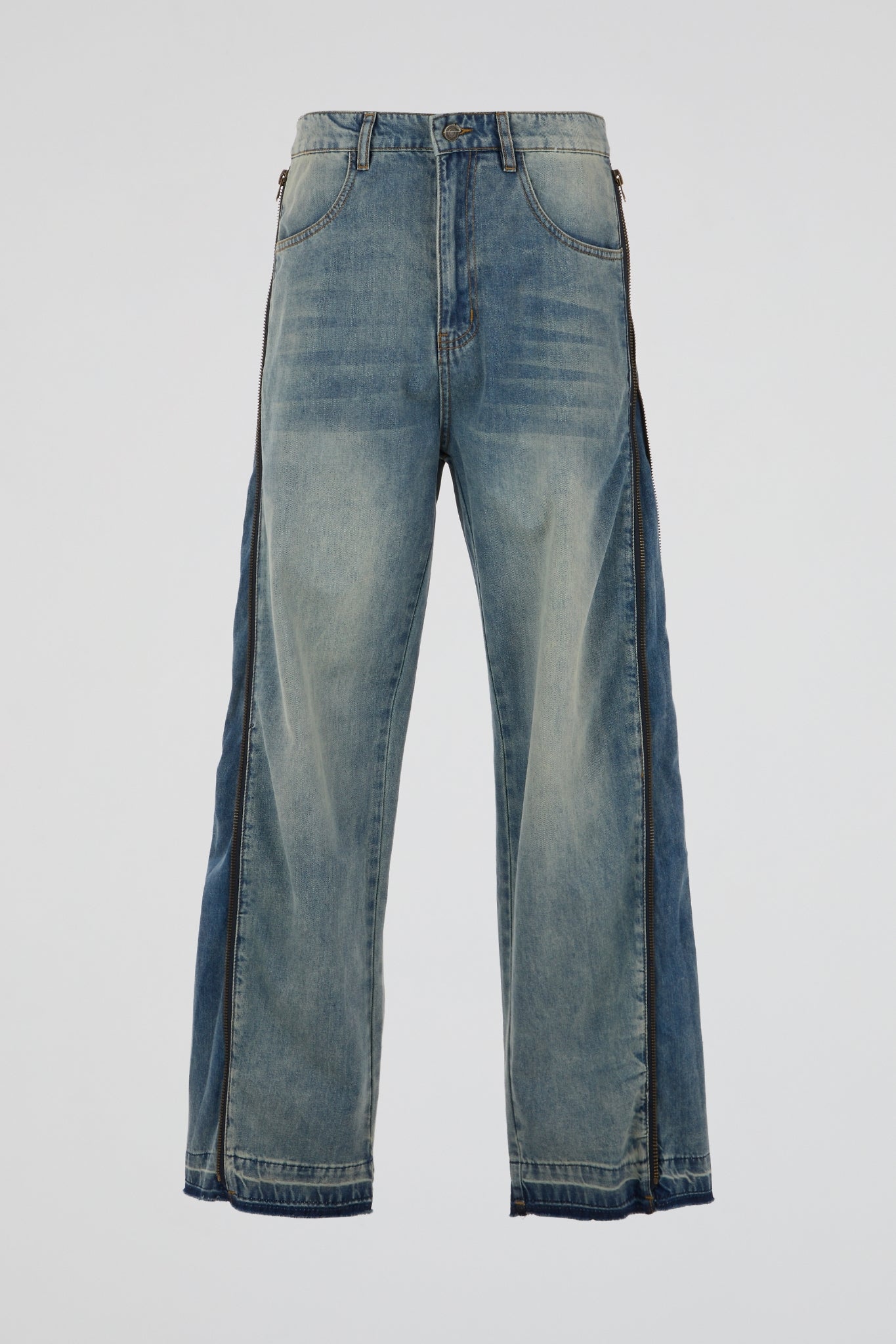 Two-Tone Distressed Side-Zip Jeans