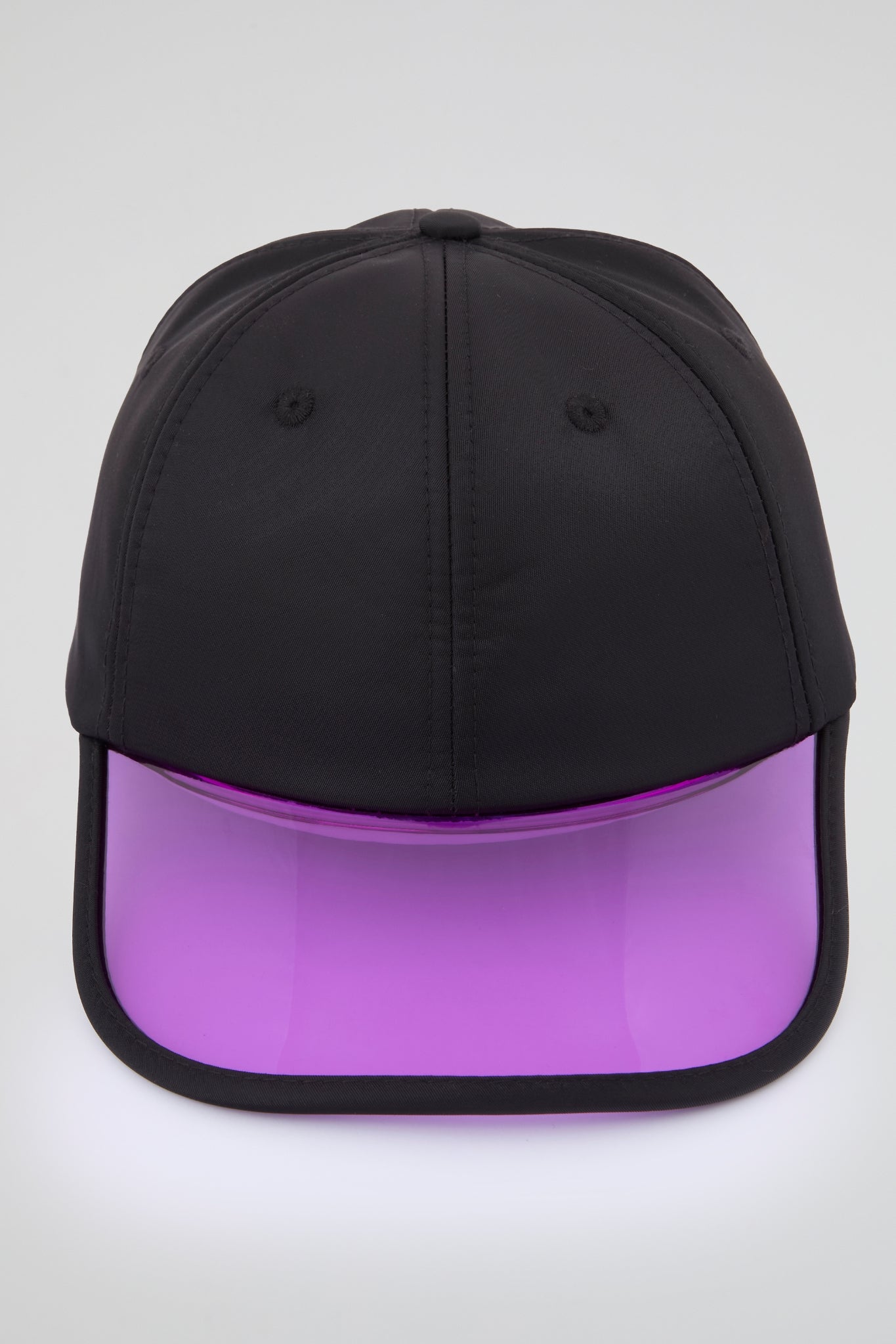 Black baseball cap with neon purple pvc visor