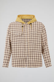 Cream Mustard Navy Check Hooded Shirt