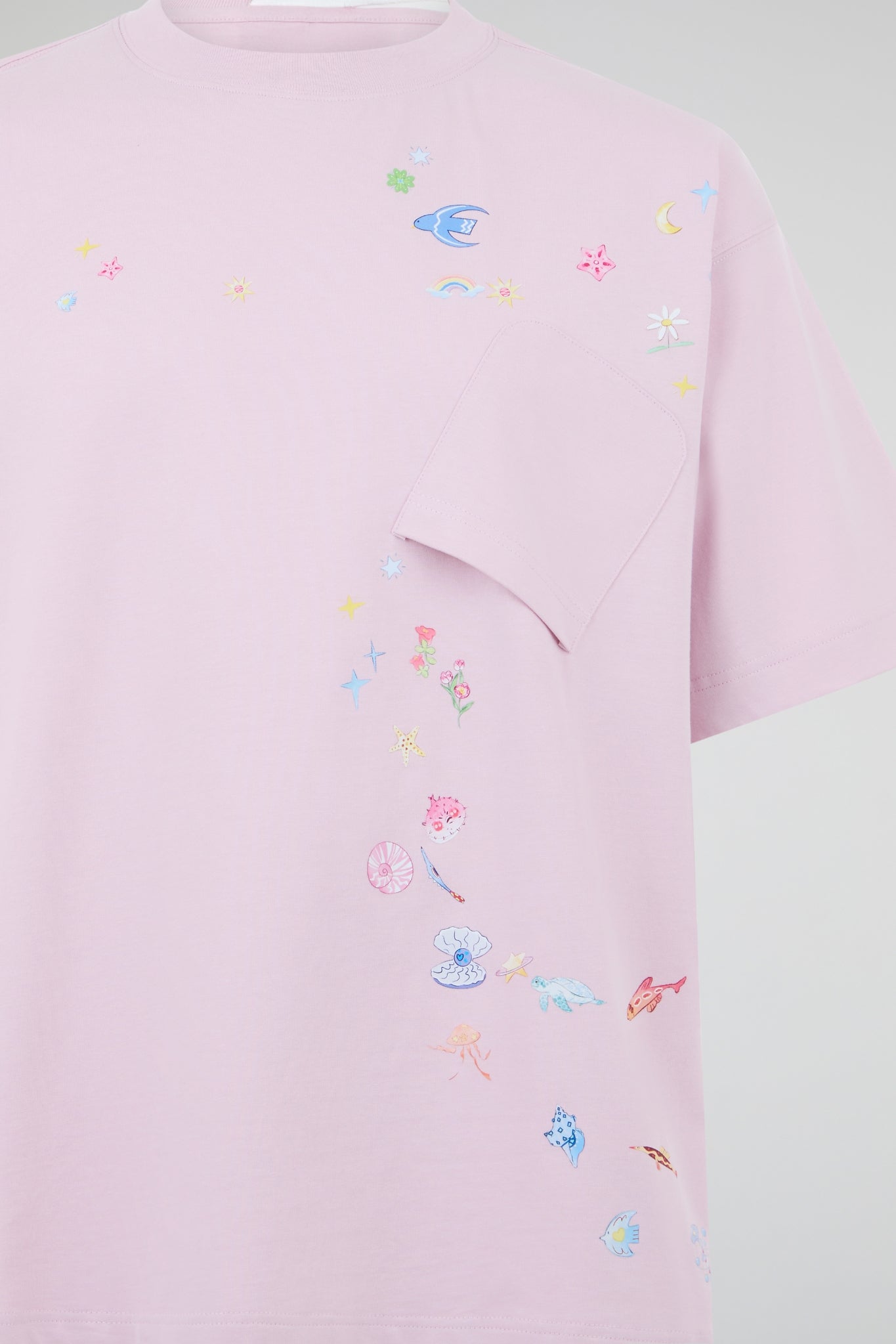 Pastel Rose Celestial & Oceanic Embroidered Oversized T-Shirt
