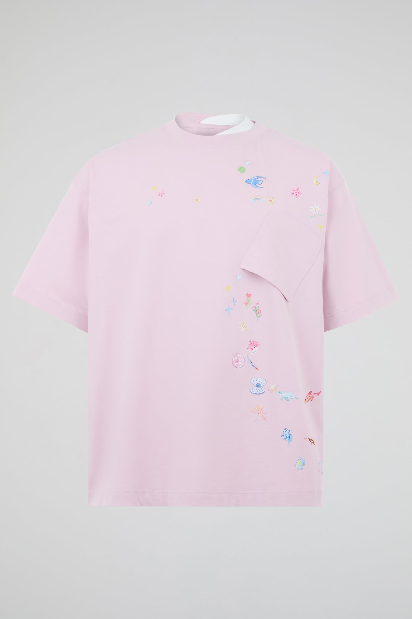 Pastel Rose Celestial & Oceanic Embroidered Oversized T-Shirt
