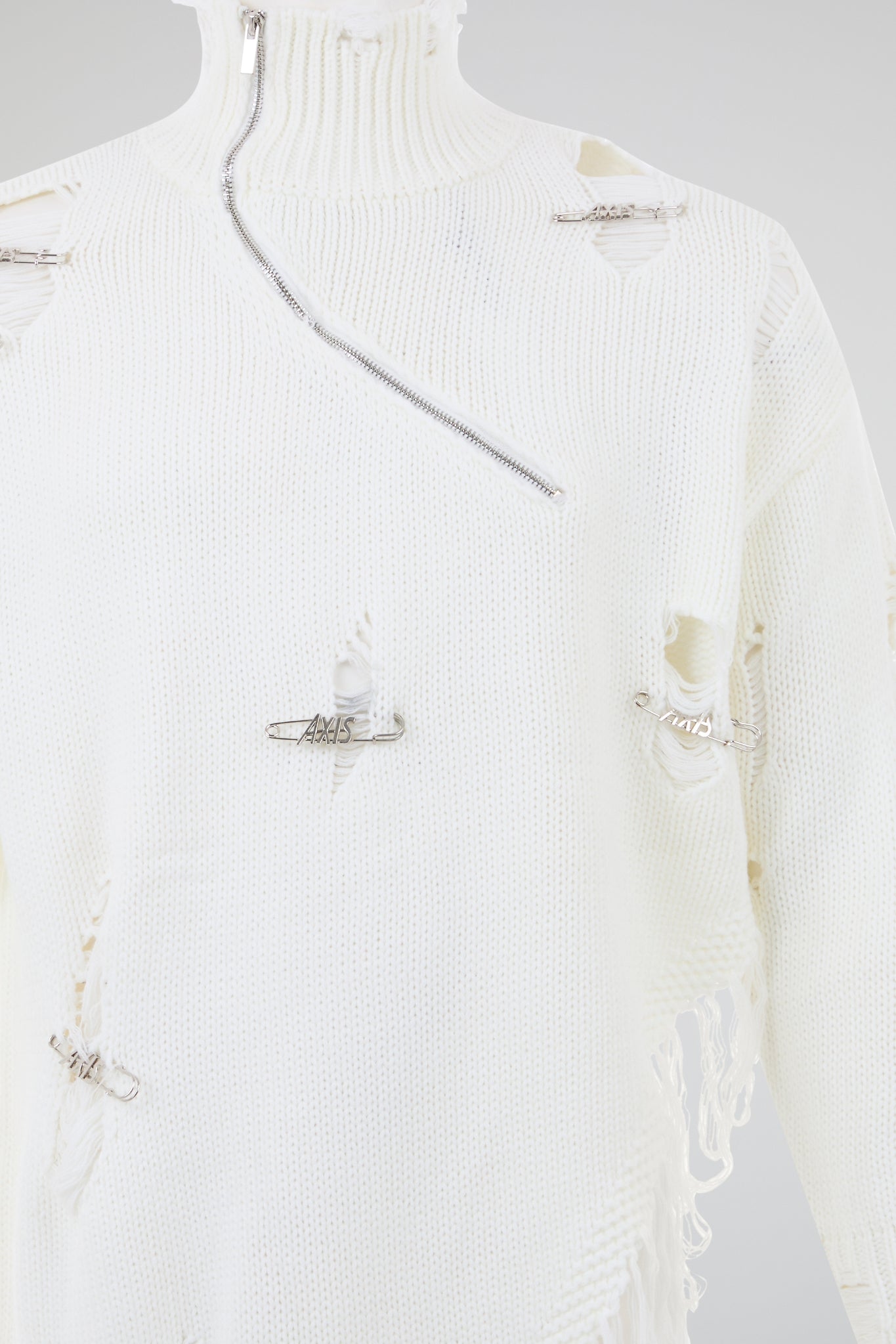 Distressed Off-White Zip High-Neck Knit