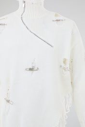 Distressed Off-White Zip High-Neck Knit