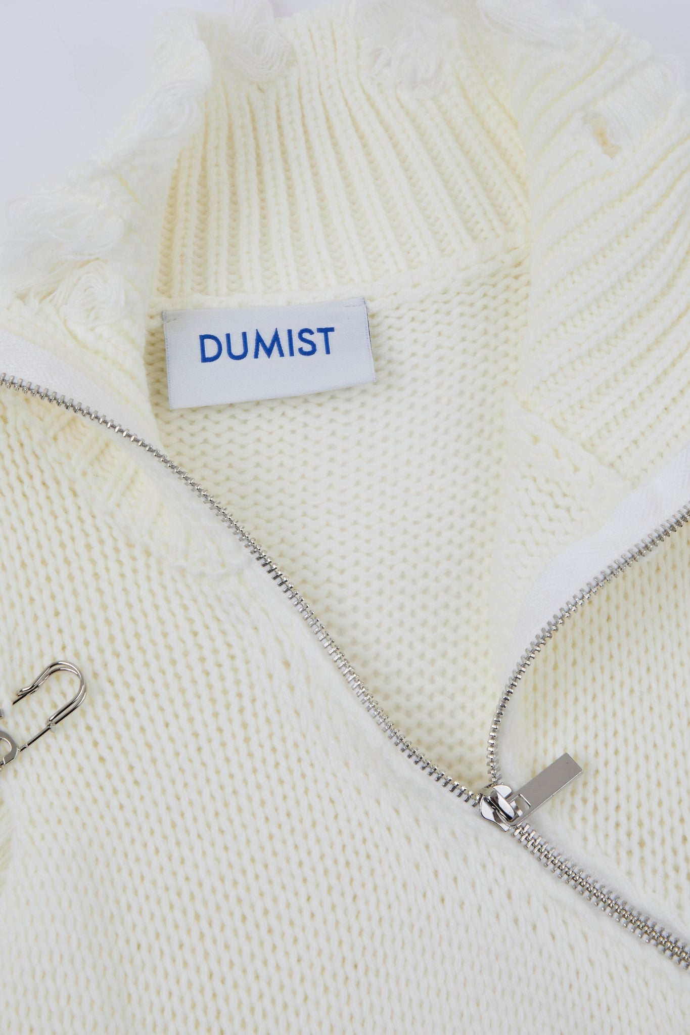 Distressed Off-White Zip High-Neck Knit