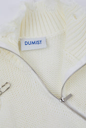 Distressed Off-White Zip High-Neck Knit