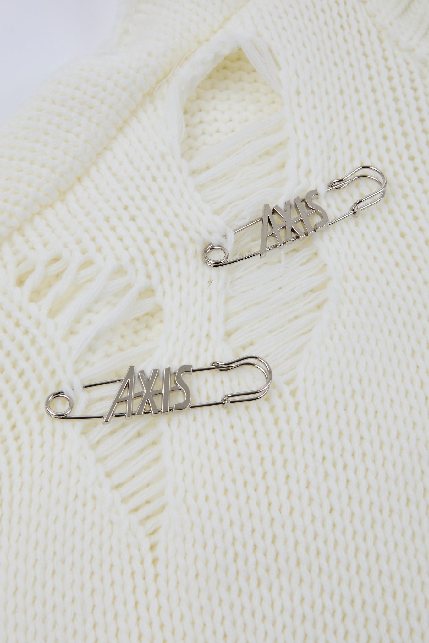 Distressed Off-White Zip High-Neck Knit