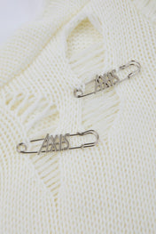 Distressed Off-White Zip High-Neck Knit