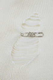 Distressed Off-White Zip High-Neck Knit