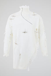 Distressed Off-White Zip High-Neck Knit