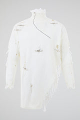 Distressed Off-White Zip High-Neck Knit