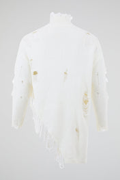 Distressed Off-White Zip High-Neck Knit