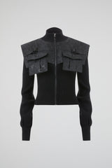 Cargo Pocket Ribbed Knit Zip Jacket