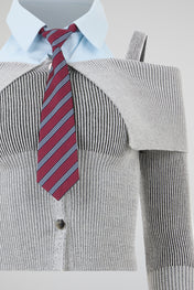 Off-Shoulder Knit Shirt-Tie Cardigan